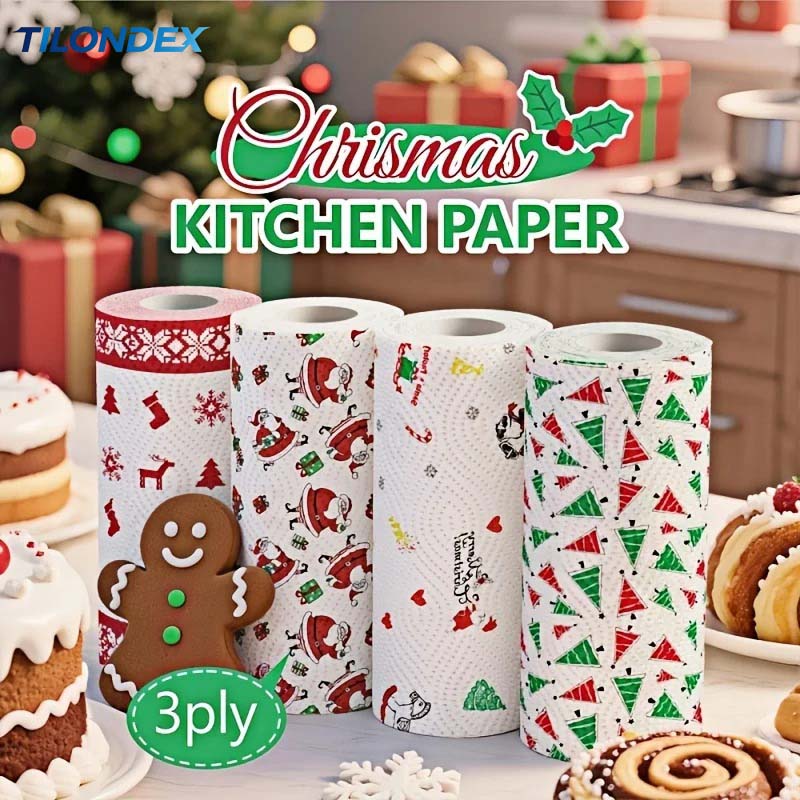 Kitchen Baking Unit - TILONDEX Weihnachtlich Bedruckte Küchenpapierrollen Saugfähige Einweg-Wischtücher