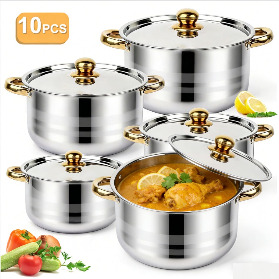 Kitchen Baking Kit - Edelstahl-Topfset, modernes Luxus-Kochgeschirr, Silberner Körper, Goldene